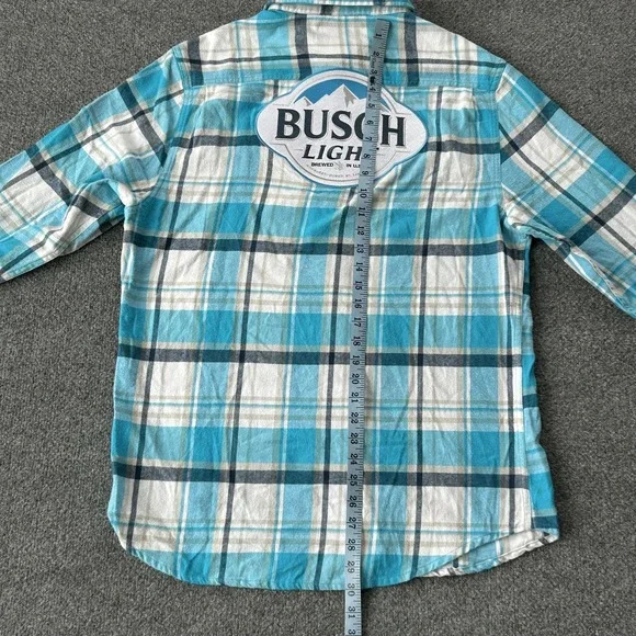 Busch Light Shirt Mens Medium Blue Plaid Flannel Angry Minnow Vintage Beer Logo - Picture 9 of 12